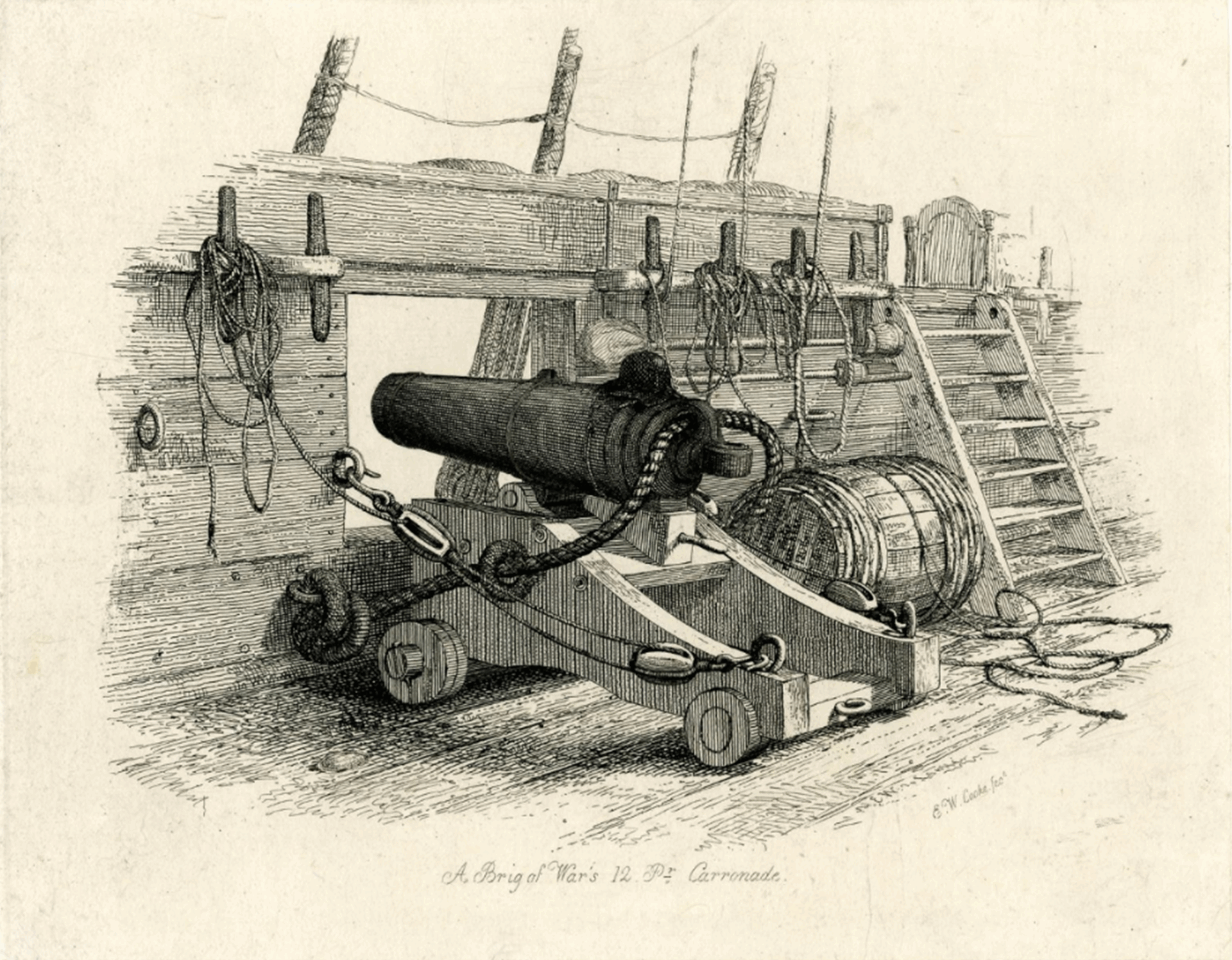 Edward William Cooke, A Brig of War's 12 Pounder Carronade (1829). British Museum.