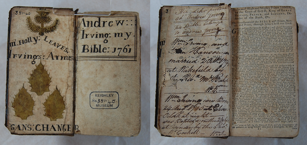 Andrew Irving’s copy of the Holy Bible (Edinburgh, 1736). Reproduced by kind permission of Cliffe Castle Museum, Bradford.