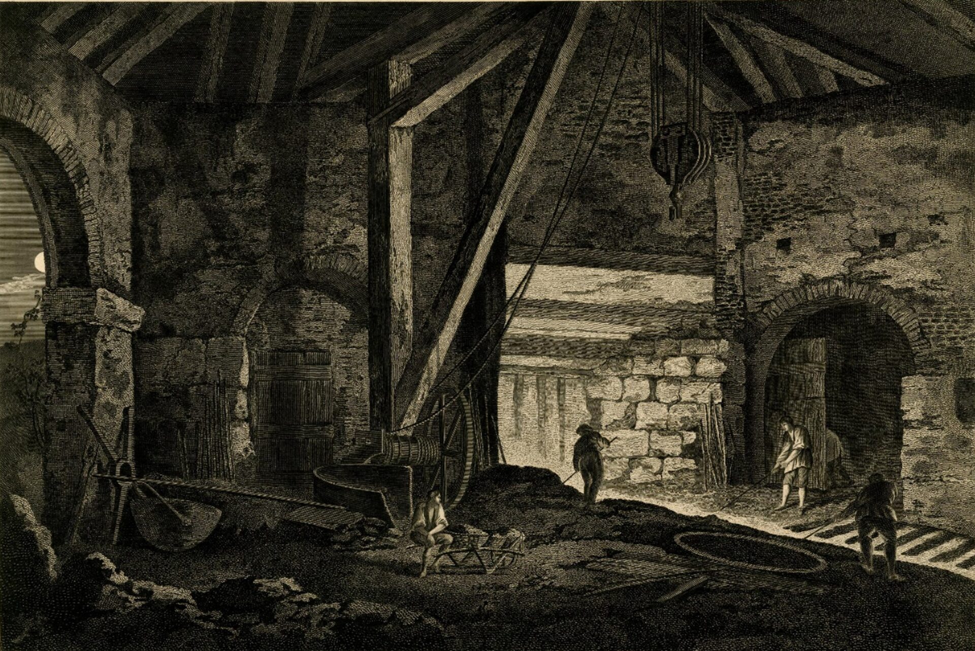 George Robertson, engraved by Wilson Lowry, The Inside of a Smelting House, at Broseley, Shropshire (1788). British Museum.