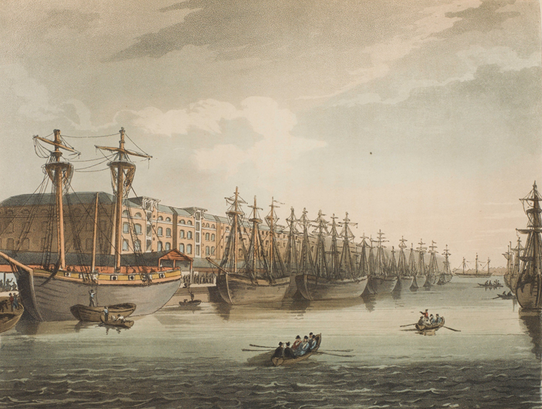 Thomas Rowlandson and Auguste Charles Pugin (engraved by John Bluck), West India Docks, in Ackermann’s Microcosm of London (1808–10). Romantic London.