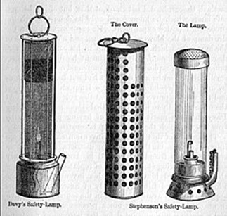 Davy’s and Stephenson’s Safety Lamp mechanisms, from Samuel Smiles, Lives of the Engineers (1862)