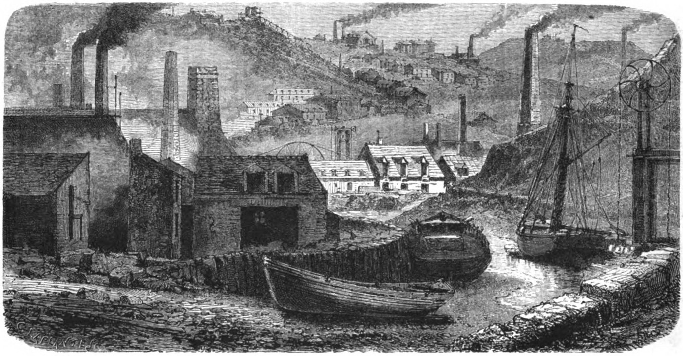 Black and white engraving of buildings and smoky chimneys, with beached boats in the foreground