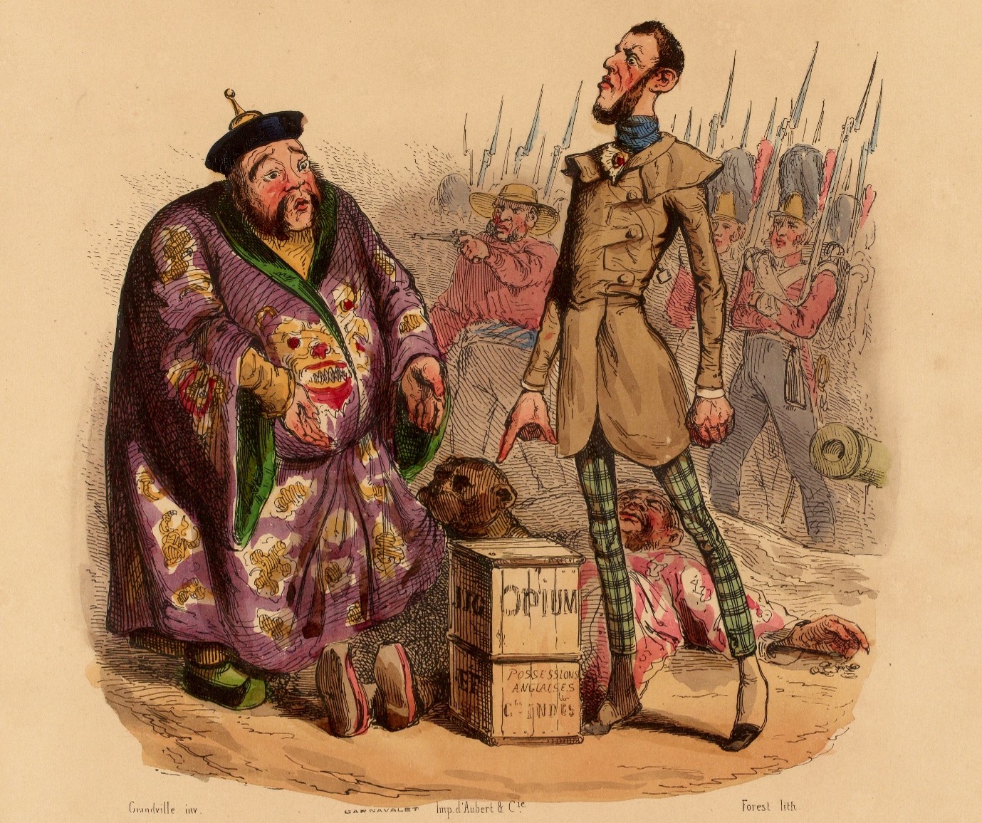 A Chinese man gestures pleadingly while a man in Western dress points sternly at a box labelled 'OPIUM,' another points a gun, and a Chinese man lies dead